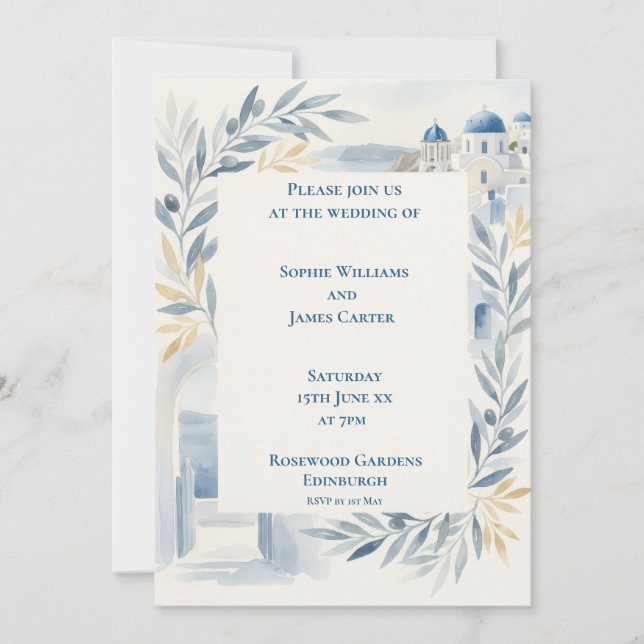 Pale Blue Santorini Wedding Invitation (Front)