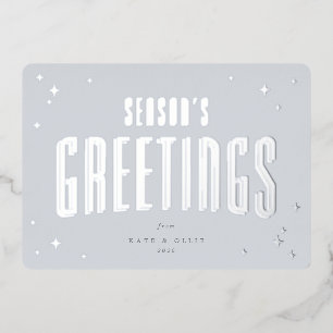 Pale Blue Season's Greetings Retro Stars Flat Foil Holiday Card
