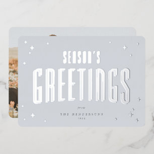 Pale Blue Season's Greetings Retro Stars Photo  Foil Holiday Card