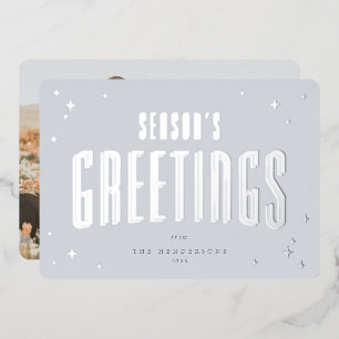 Pale Blue Season's Greetings Retro Stars Photo  Foil Holiday Card