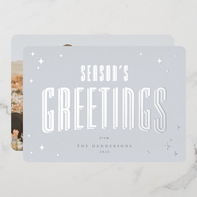 Pale Blue Season's Greetings Retro Stars Photo  Foil Holiday Card (Front/Back)