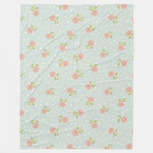 pale blue shabby chic polka dot white pink floral fleece blanket (Front)