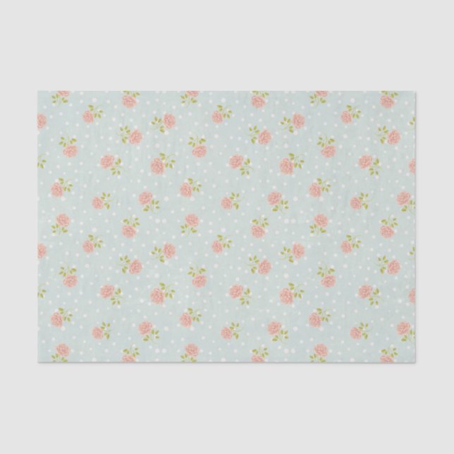 pale blue shabby chic polka dot white pink floral tissue paper (Front)