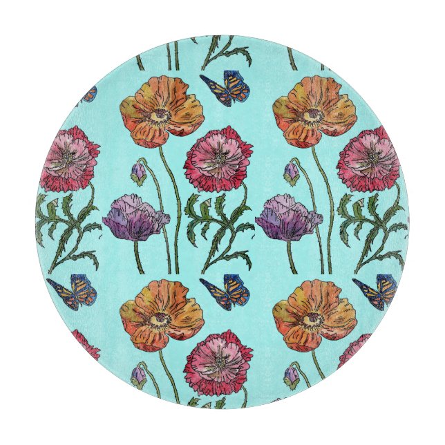 Pale Blue Shabby Poppy Decor Floral Poppies Art Cutting Board (Front)