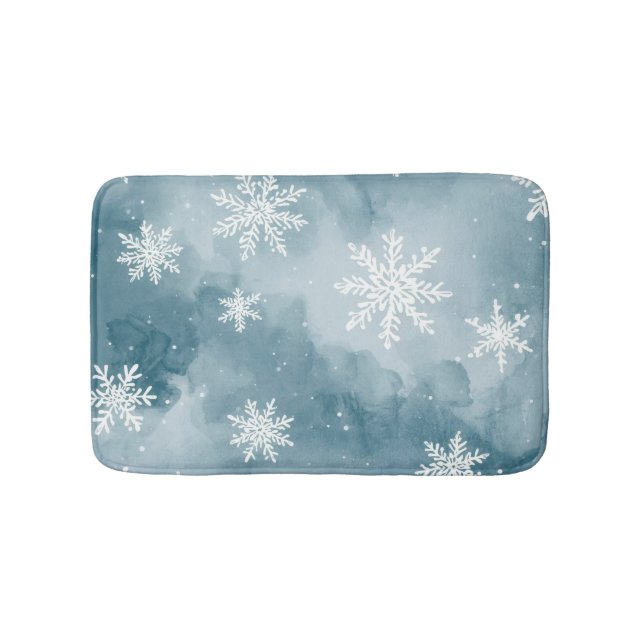Pale Blue Snowflakes Watercolor Winter Bath Mat (Front)