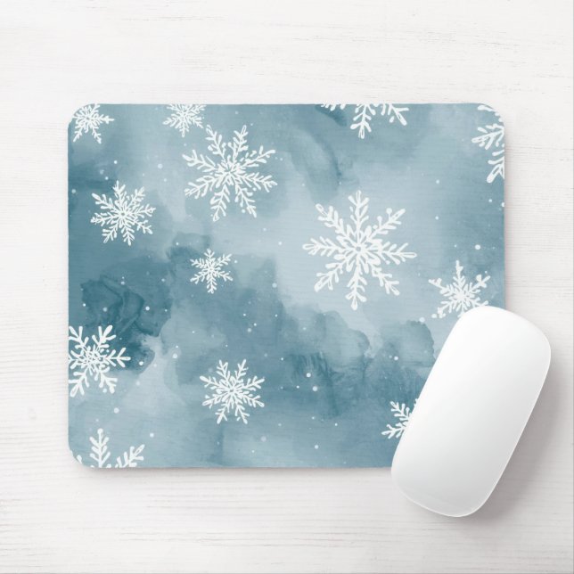 Pale Blue Snowflakes Watercolor Winter Mouse Mat (With Mouse)