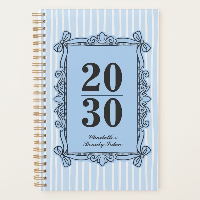 Pale Blue Striped Ornate Bow Frame Year Planner (Front)