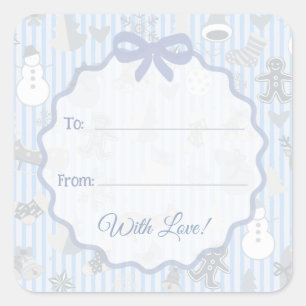 Pale Blue Stripes Bow Christmas To From Custom Square Sticker