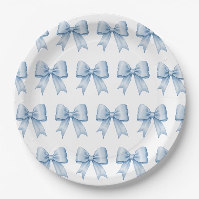 Pale Blue Vintage Satin Bow Pattern Paper Plate (Front)