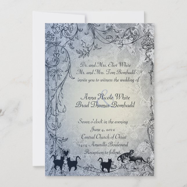 Pale Blue Vintage Shabby Garden Cat Wedding Invitation (Front)
