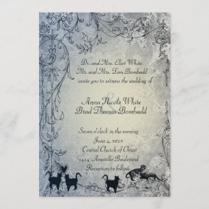 Pale Blue Vintage Shabby Garden Cat Wedding Invitation