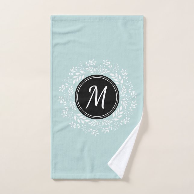 Pale Blue White Floral Wreath Black Monogram Hand Towel (Hand Towel)