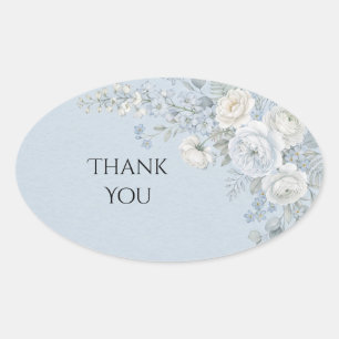 Pale Blue White Rose Wedding Thank You Oval Sticker