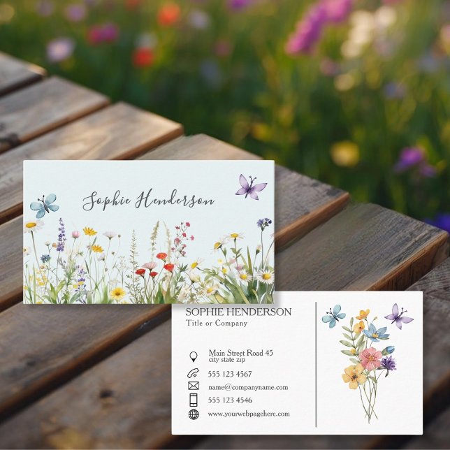 Pale blue White Watercolor Wildflower Business Card (Creator Uploaded)