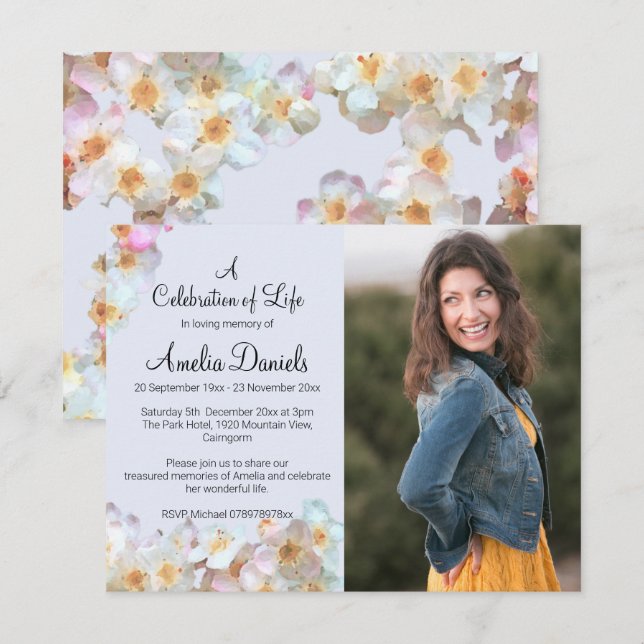 Pale Blue Wildflower Photo Celebration of Life  Invitation (Front/Back)