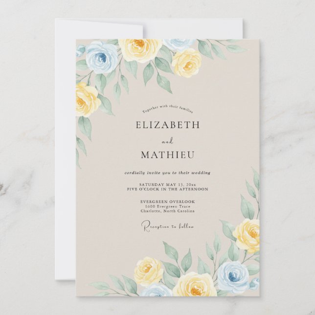 Pale Blue Yellow Blossom Wedding Invitation (Front)