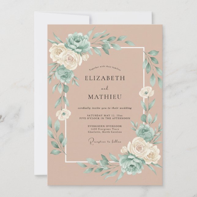 Pale Blush Aqua Leafy Wedding Invitation (Front)