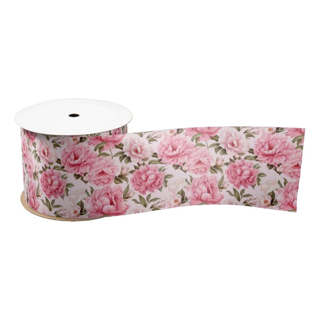 Pale blush pink bloom flowers satin ribbon (Spool)