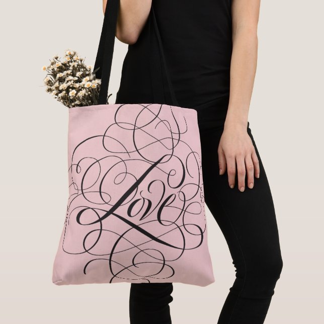 Pale Blush Pink Flourished LOVE Script Lettering Tote Bag (Close Up)