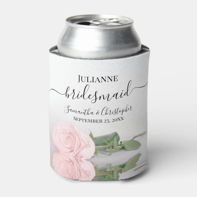 Pale Blush Pink Rose Elegant Bridesmaid Wedding Can Cooler (Can Front)