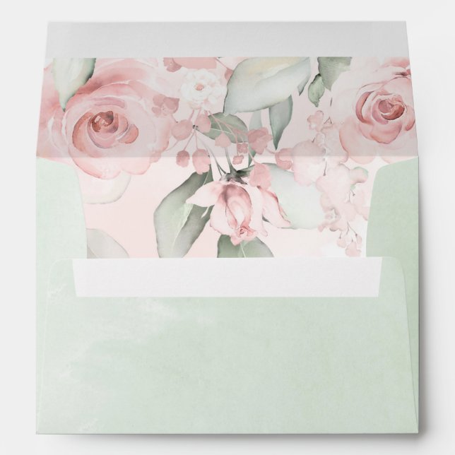 Pale Blush Pink Sage Green Wash Watercolor Roses Envelope (Back (Bottom))