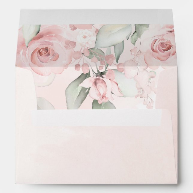 Pale Blush Pink Wash Sage Green Watercolor Roses Envelope (Back (Bottom))