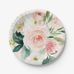 Pale Blush Pink Watercolor Floral Peach Elegant Paper Plate