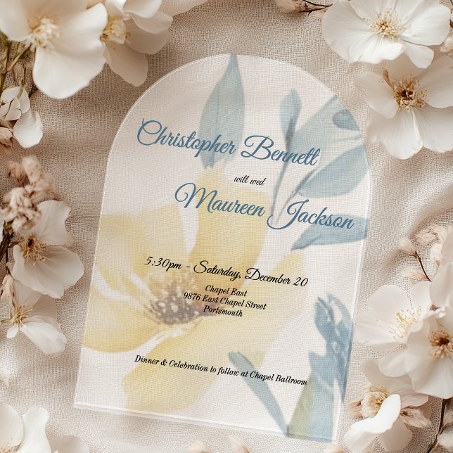 Pale Butter Yellow Soft Blue Floral Wedding Acrylic Invitations (Butter Yellow and Pale Blue Floral Acrylic Wedding Invitation)