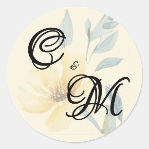 Pale Butter Yellow Soft Blue Floral Wedding Classic Round Sticker