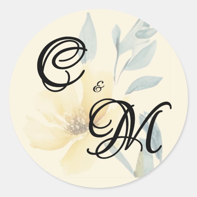 Pale Butter Yellow Soft Blue Floral Wedding Classic Round Sticker (Front)