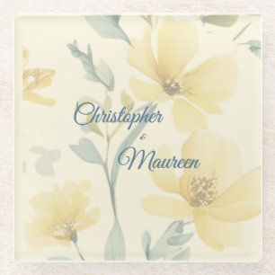 Pale Butter Yellow Soft Blue Floral Wedding Glass Coaster