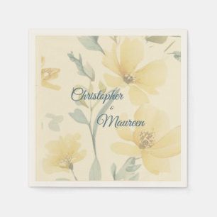 Pale Butter Yellow Soft Blue Floral Wedding Napkin