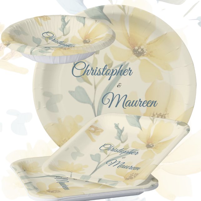 Pale Butter Yellow Soft Blue Floral Wedding Paper Plate (Butter Yellow & Blue Floral Plates come in a number of sizes and shapes - use for a range of meals)