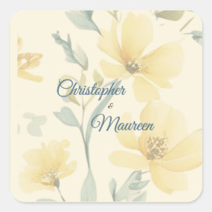 Pale Butter Yellow Soft Blue Floral Wedding Square Sticker