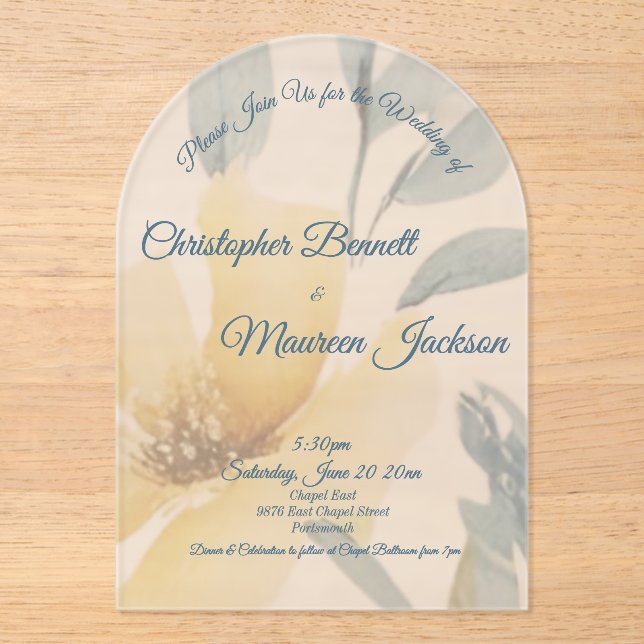 Pale Butter Yellow Watercolor Floral Wedding Acrylic Invitations (Front)