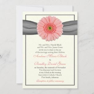 Pale Coral Gerbera Grey Ribbon Wedding Invitation
