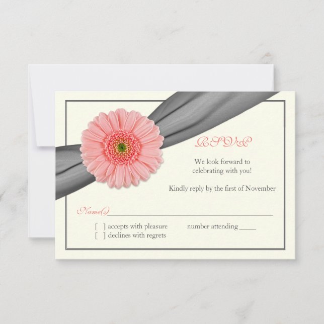 Pale Coral Gerbera Grey Ribbon Wedding Reply Card (Front)