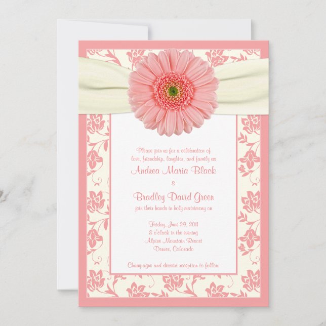 Pale Coral Gerbera Ivory Floral Wedding Invitation (Front)