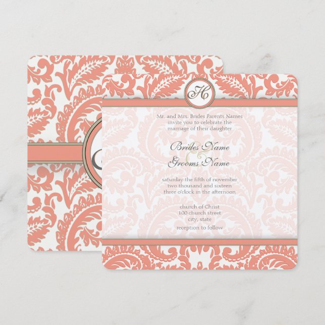 Pale Coral & Grey Damask  Wedding Invitations (Front/Back)