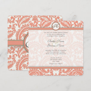 Pale Coral & Grey Damask  Wedding Invitations