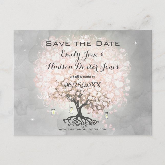 Pale Dogwood Pink Heart Leaf Tree Bird Wedding Announcement Postcard (Front)