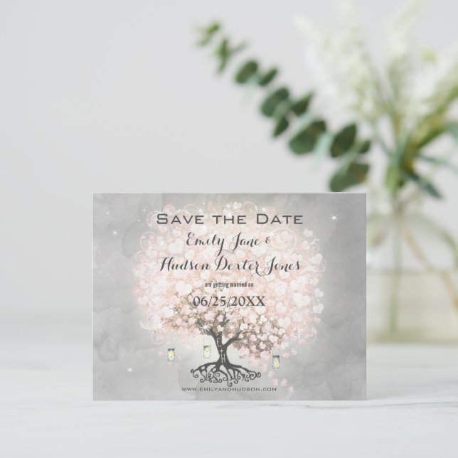 Pale Dogwood Pink Heart Leaf Tree Bird Wedding Announcement Postcard (Standing Front)