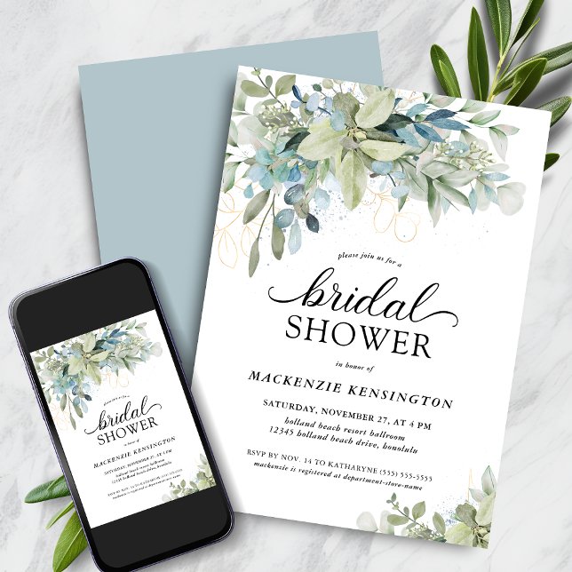 Pale Dusty Blue Eucalyptus Greenery Bridal Shower Invitation (Pale Dusty Blue Eucalyptus Greenery Bridal Shower Invitation with Digital Download)