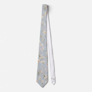 Pale Dusty Blue Personalised Watercolor Wildflower Tie