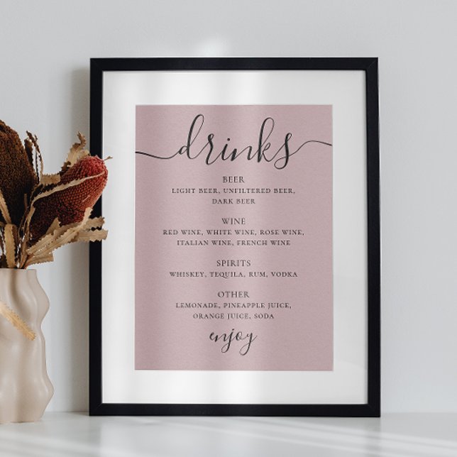 Pale dusty pink script wedding alcohol drinks bar poster (Creator Uploaded)