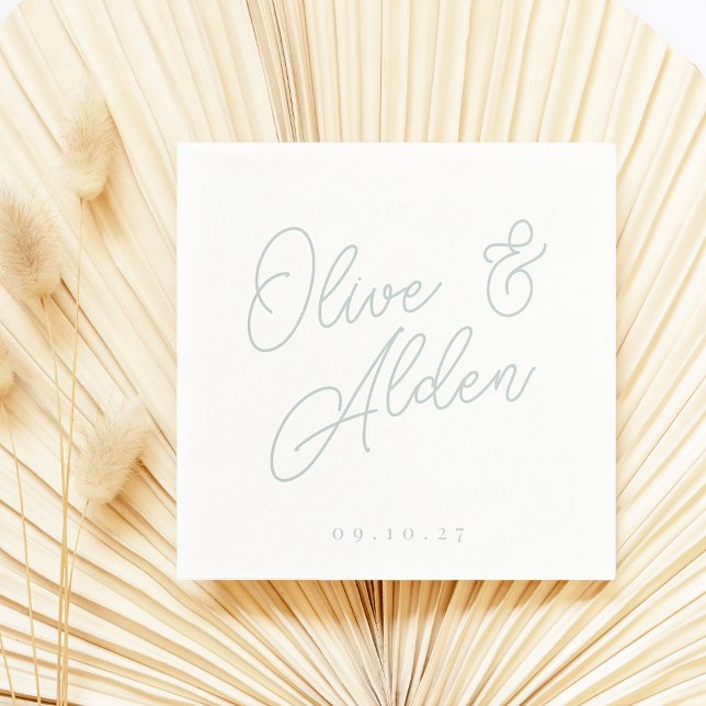 Pale Eucalyptus | Oversized Script Names Wedding Napkin (Creator Uploaded)