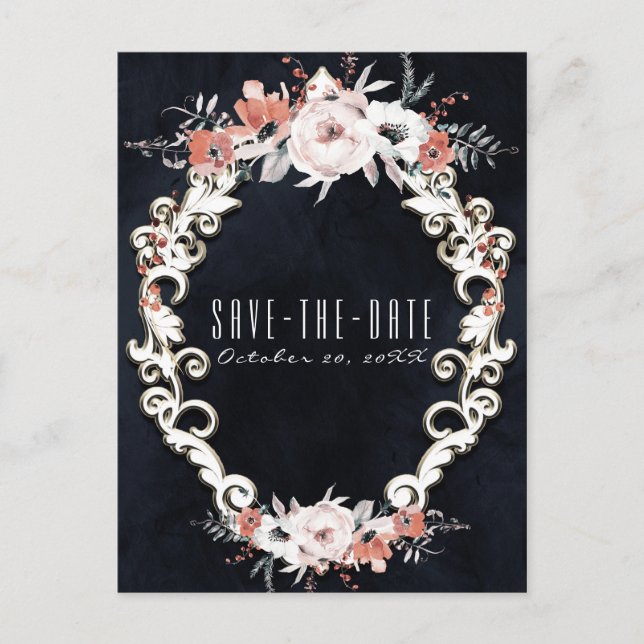 Pale Floral Dark Chalk Elegant Save the Date Announcement Postcard (Front)