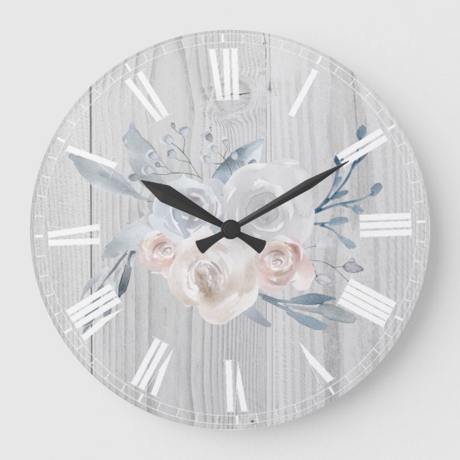 pale flowers on rustic white wood large clock (Front)