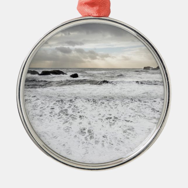 Pale foamy ocean seascape, Iceland Metal Tree Decoration (Front)