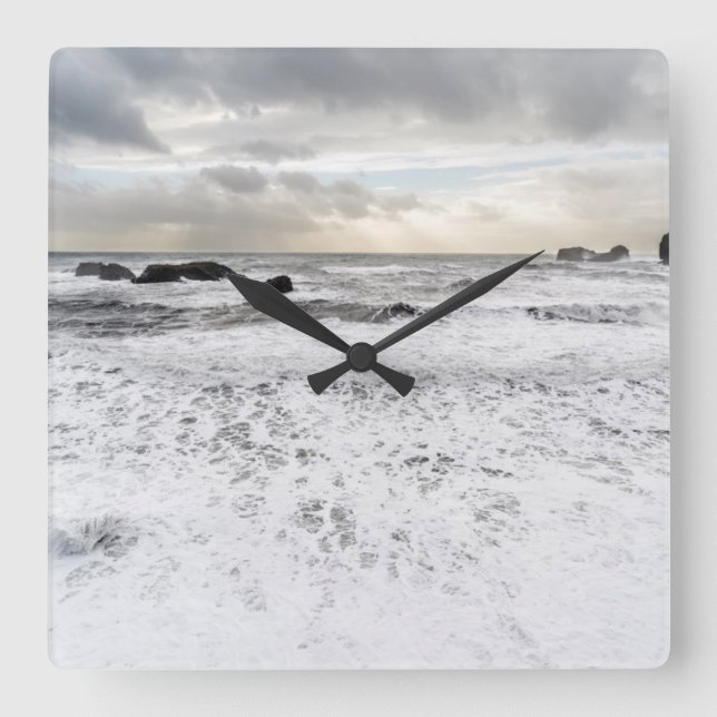 Pale foamy ocean seascape, Iceland Square Wall Clock (Front)